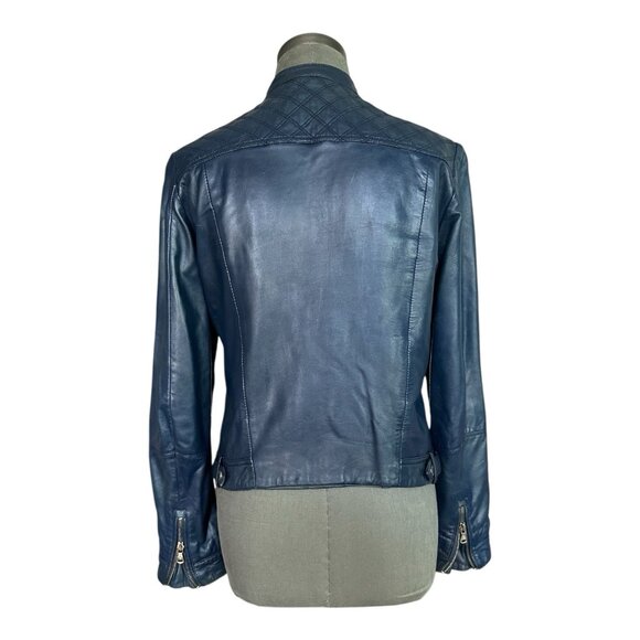 Massimo Dutti Women’s Blue Leather Biker Jacket Zip Front Size M - Picture 5 of 10